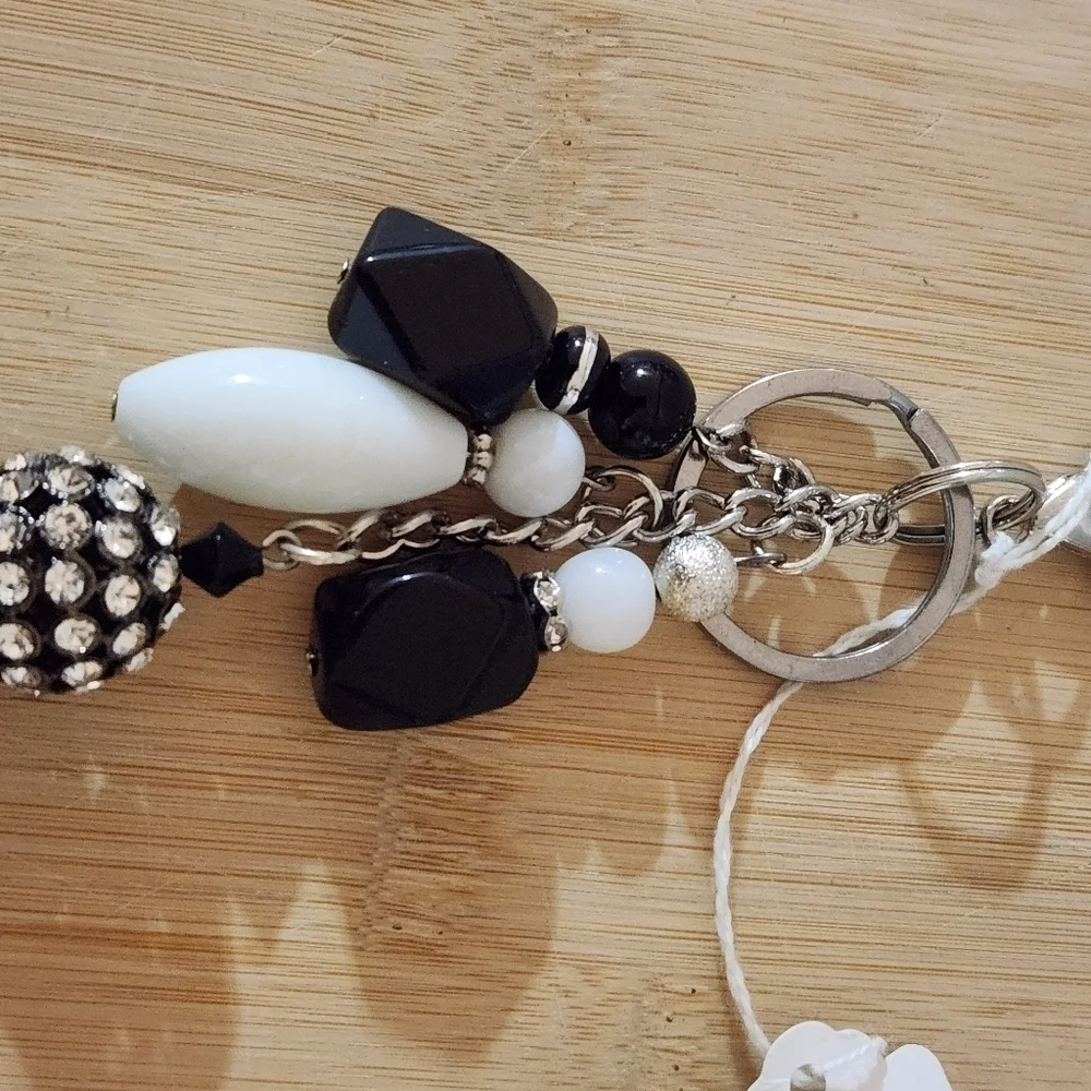 Hand Crafted Purse Charm Keychain Beaded White Black Rhinestone 5